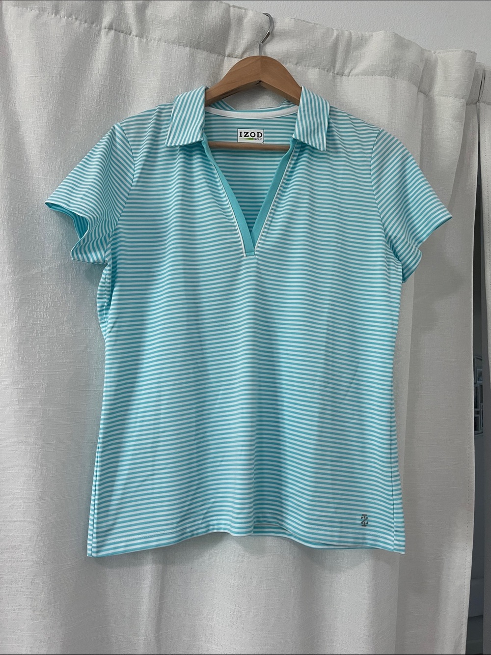 Izod  Golf Aqua and White Striped V-Neck Polo Top